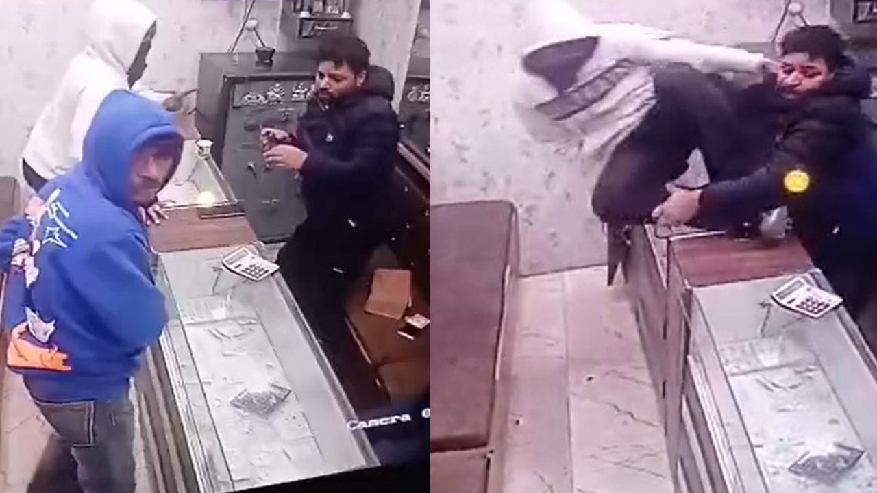 अमृतसर में सुनार की दुकान पर फायरिंग: दुकानदार ने हिम्मत दिखाई, एक लुटेरे को पकड़ा, घटना CCTV में कैद