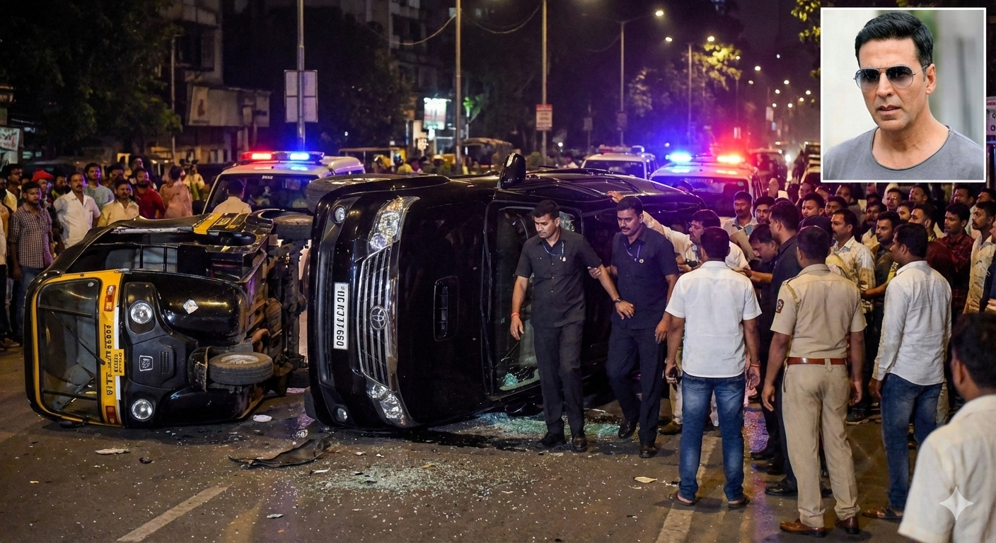 मुंबई में अक्षय कुमार के सिक्योरिटी काफिले का भयानक एक्सीडेंट: ऑटो पलटा, सिक्योरिटी वालों की SUV पलटी