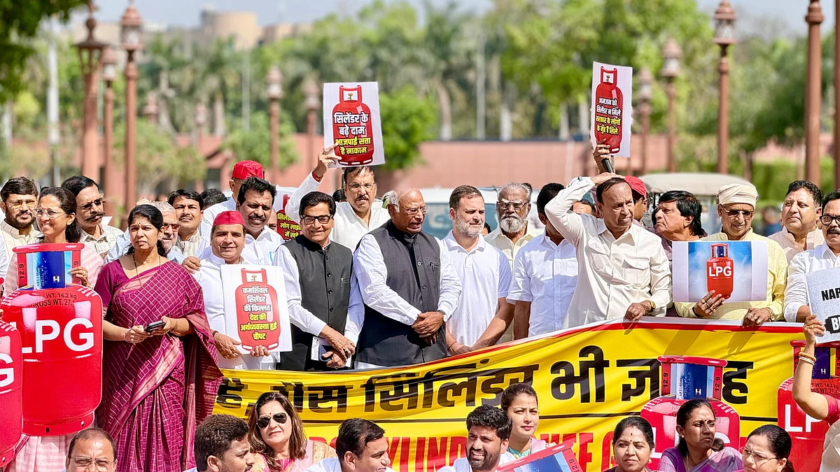 विपक्ष ने ‘एलपीजी संकट’ को लेकर संसद परिसर में प्रदर्शन किया