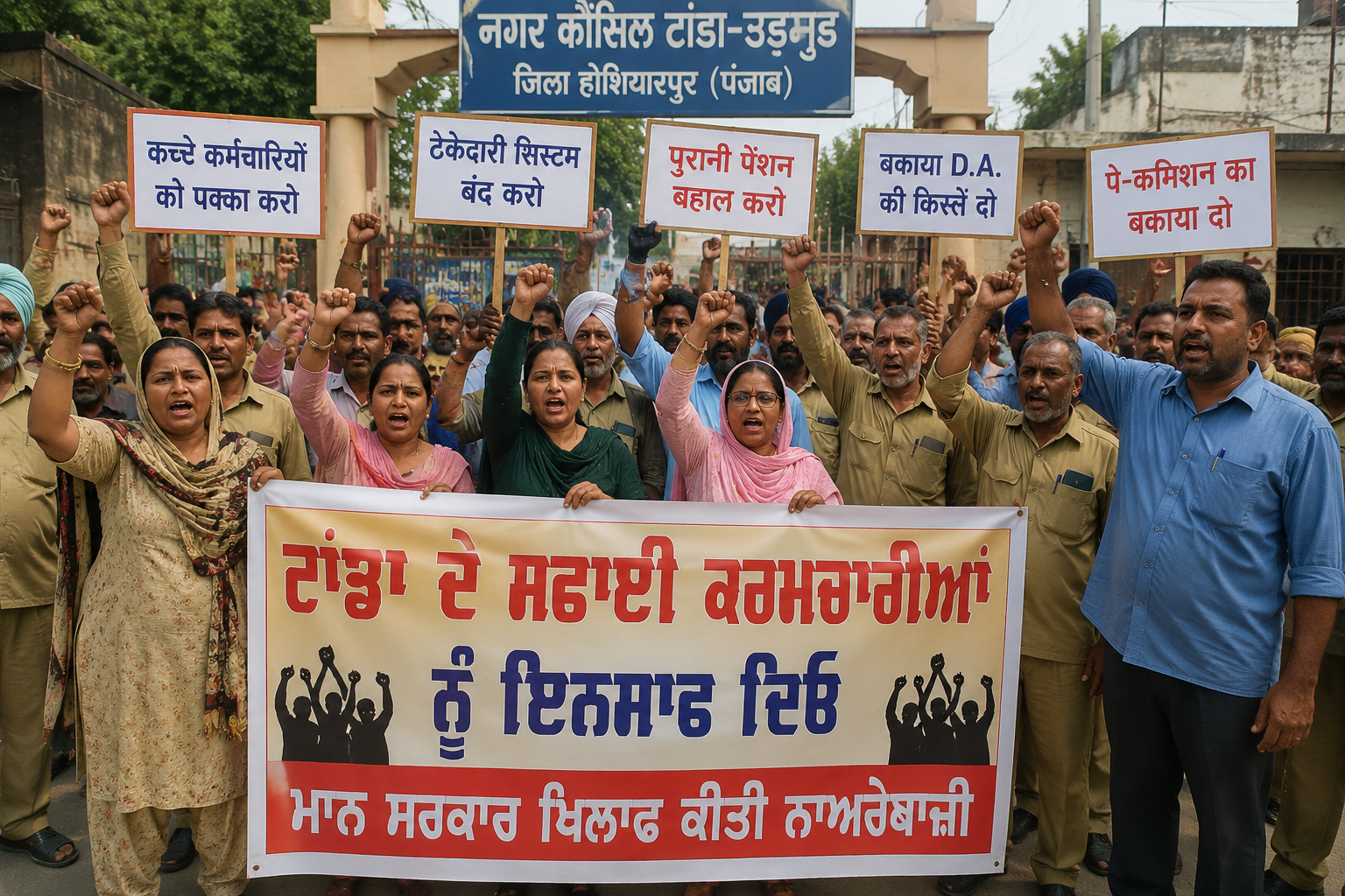 यूनियन के आह्वान पर टांडा के सफाई कर्मचारियों ने मान सरकार के खिलाफ की नारेबाजी