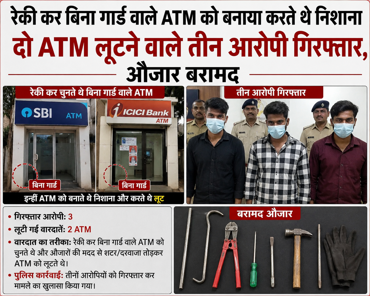 रेकी कर बिना गार्ड वाले ATM को बनाया करते थे निशाना दो ATM लूटने वाले तीन आरोपी गिरफ्तार, औजार बरामद