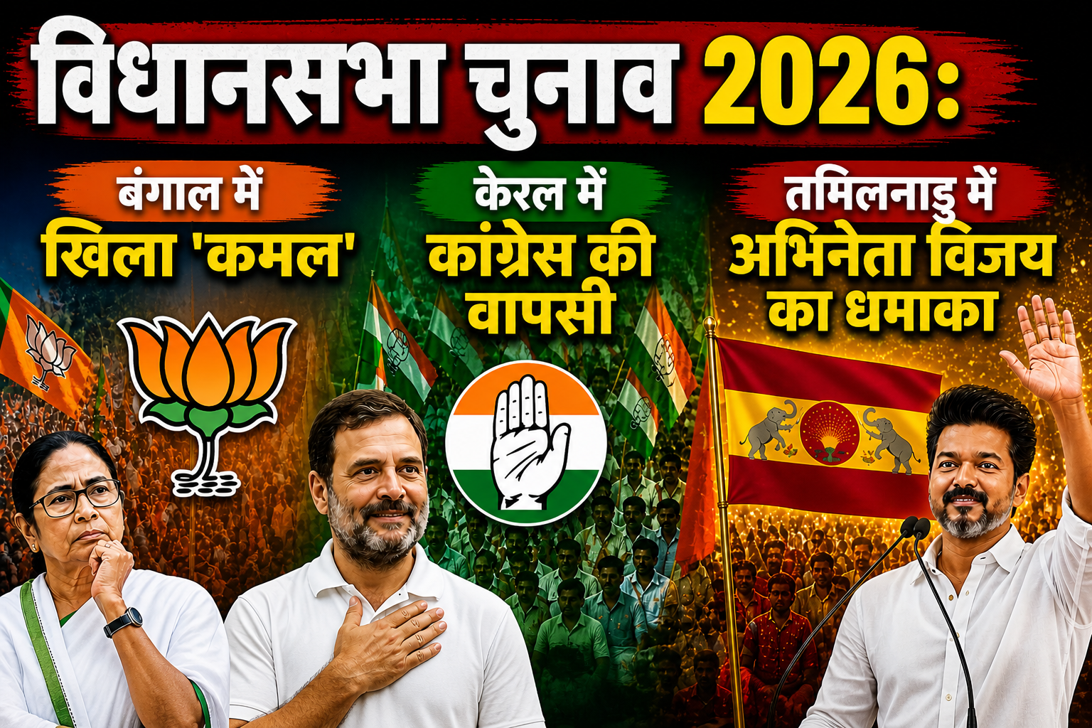 विधानसभा चुनाव 2026: बंगाल में खिला ‘कमल’, केरल में कांग्रेस की वापसी और तमिलनाडु में अभिनेता विजय का धमाका