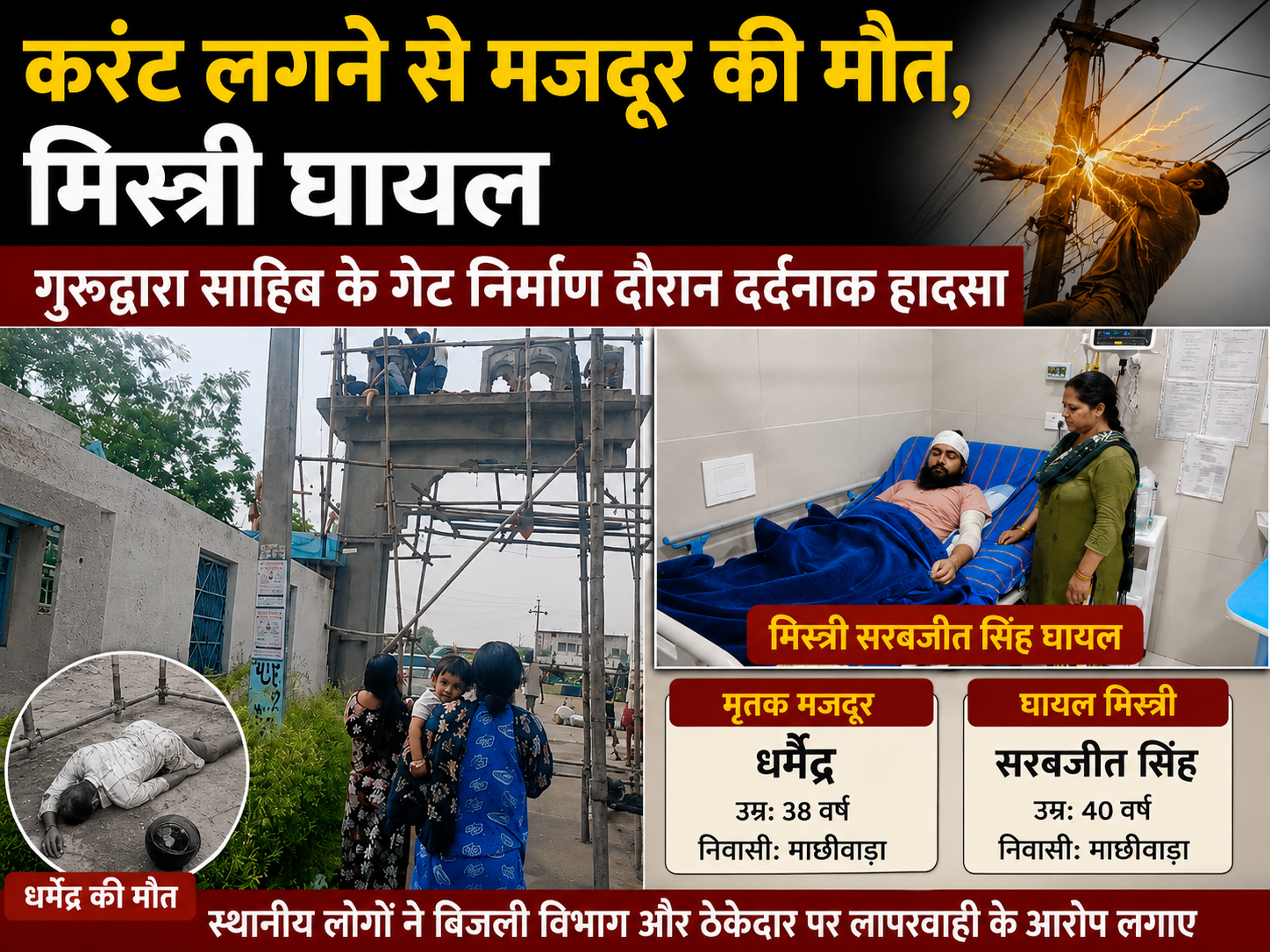 करंट लगने से मजदूर की मौत, मिस्‍त्री भी झुलसागुरुद्वारा साहिब के गेट निर्माण दौरान दर्दनाक हादसा